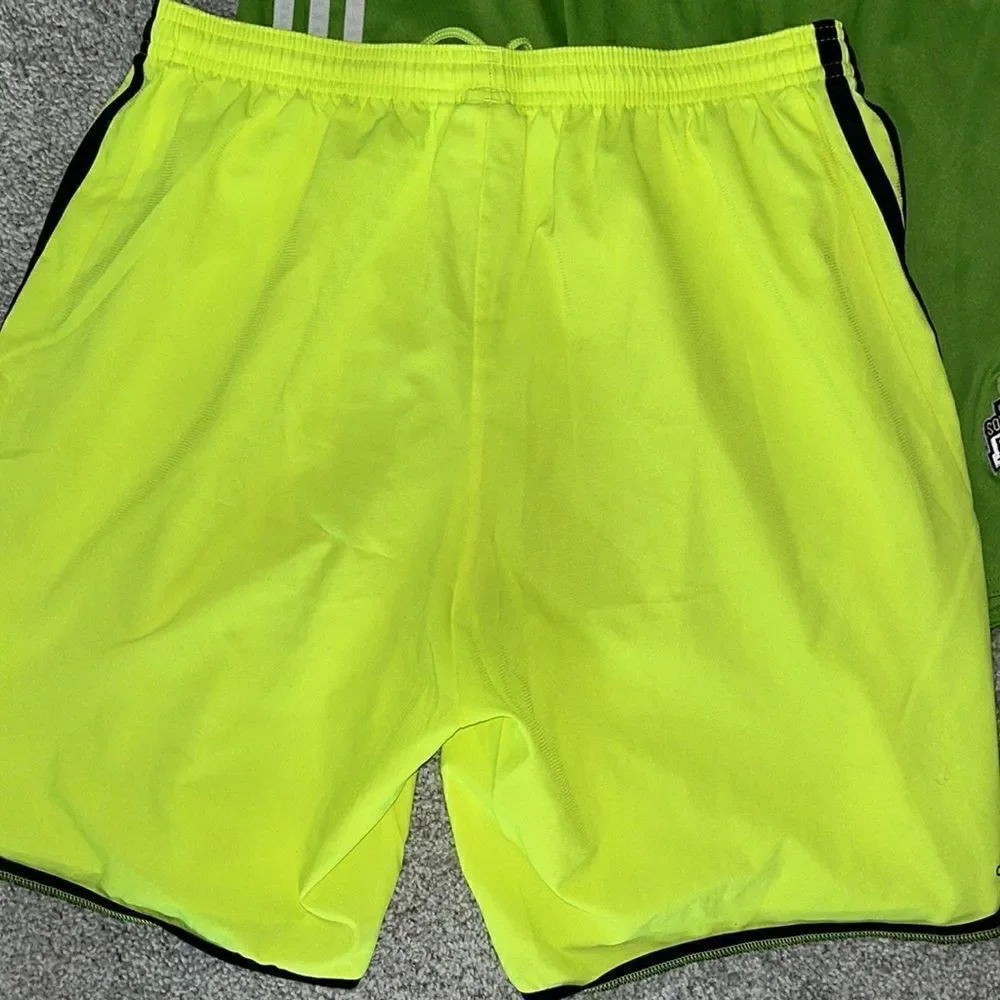 Two (2) Adidas Adizero yellow & green YUSL sewn shield soccer shorts- L
